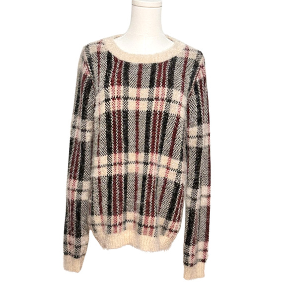 Forever 21 Red Black Cream Plaid Crew Neck Fuzzy Eyelash Sweater Medium Holiday - Picture 1 of 6